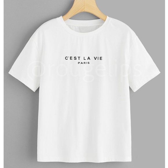 White Graphic French Text Print Tee Shirt Short Sleeve Crew Neck - Picture 3 of 17